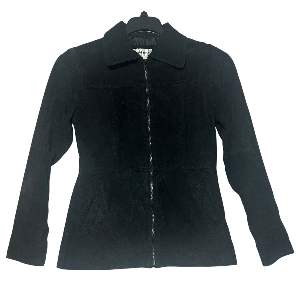 Buttons Black Suede Leather Jacket Womens Medium Full Zip Moto Vintage